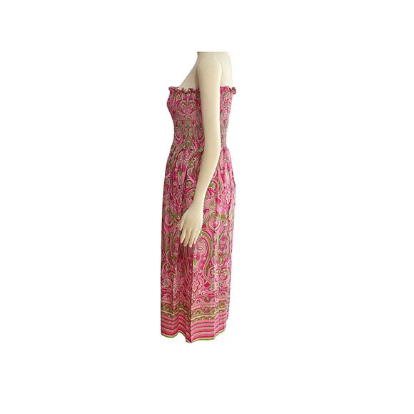 1990s Pink & Green Mod Paisley Strapless Smock Bodice Maxi Boho Dress Size Small - Picture 5 of 9